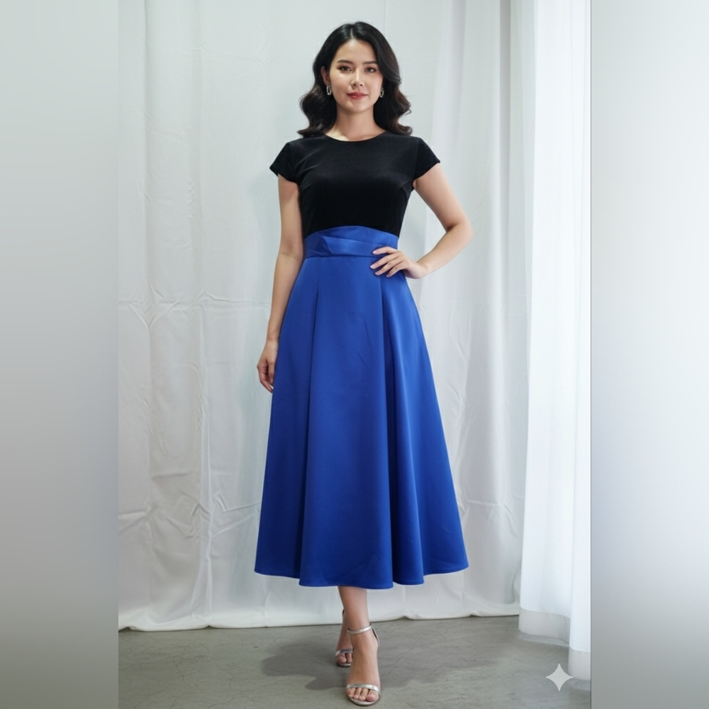 Southeastern Women's Black/Blue Velvet Formal Cap Sleeve Midi Dress Size 6